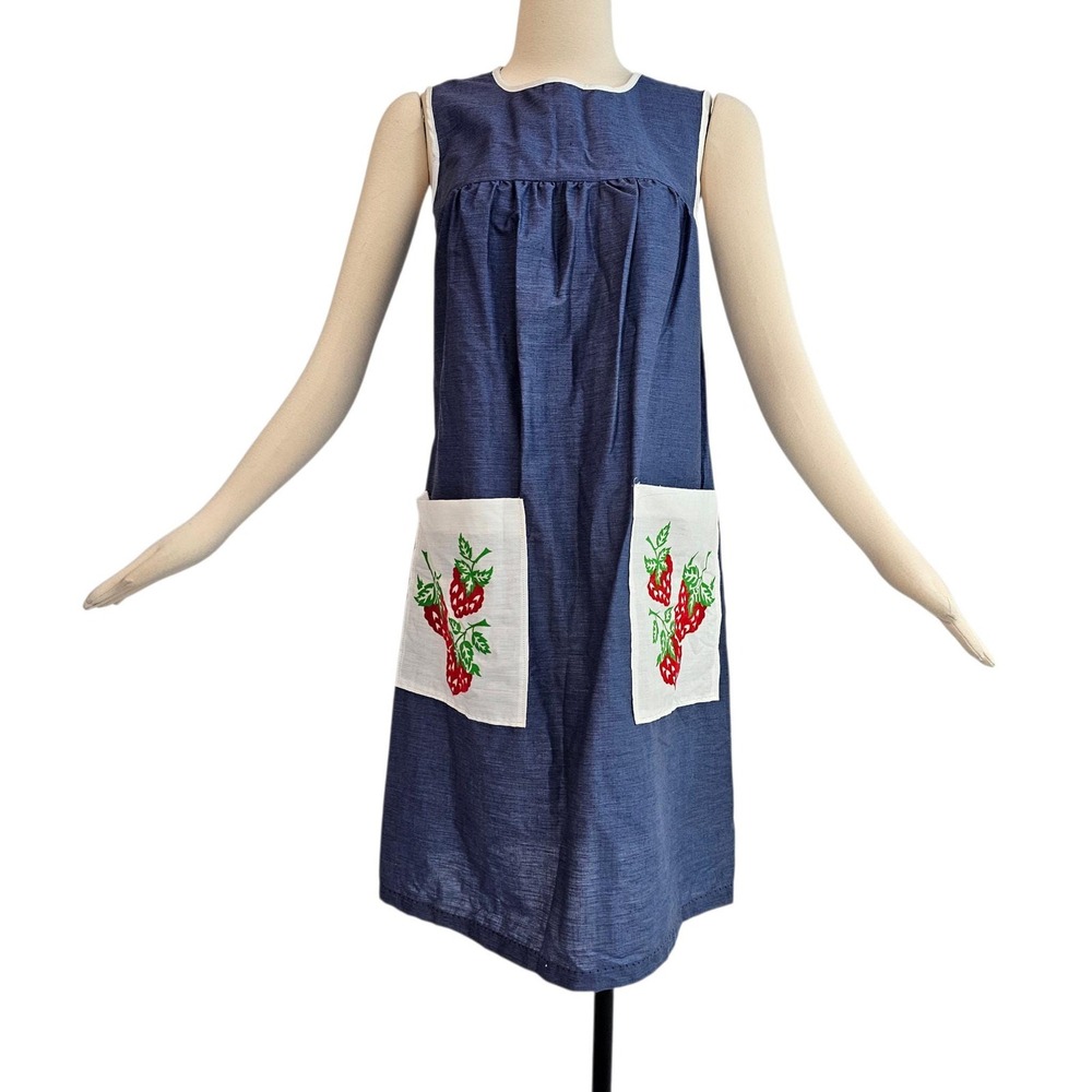 Vintage DEADSTOCK 1960s Dress Shift Dusty Blue Empire Waist Strawberry Print NWT - Picture 2 of 10